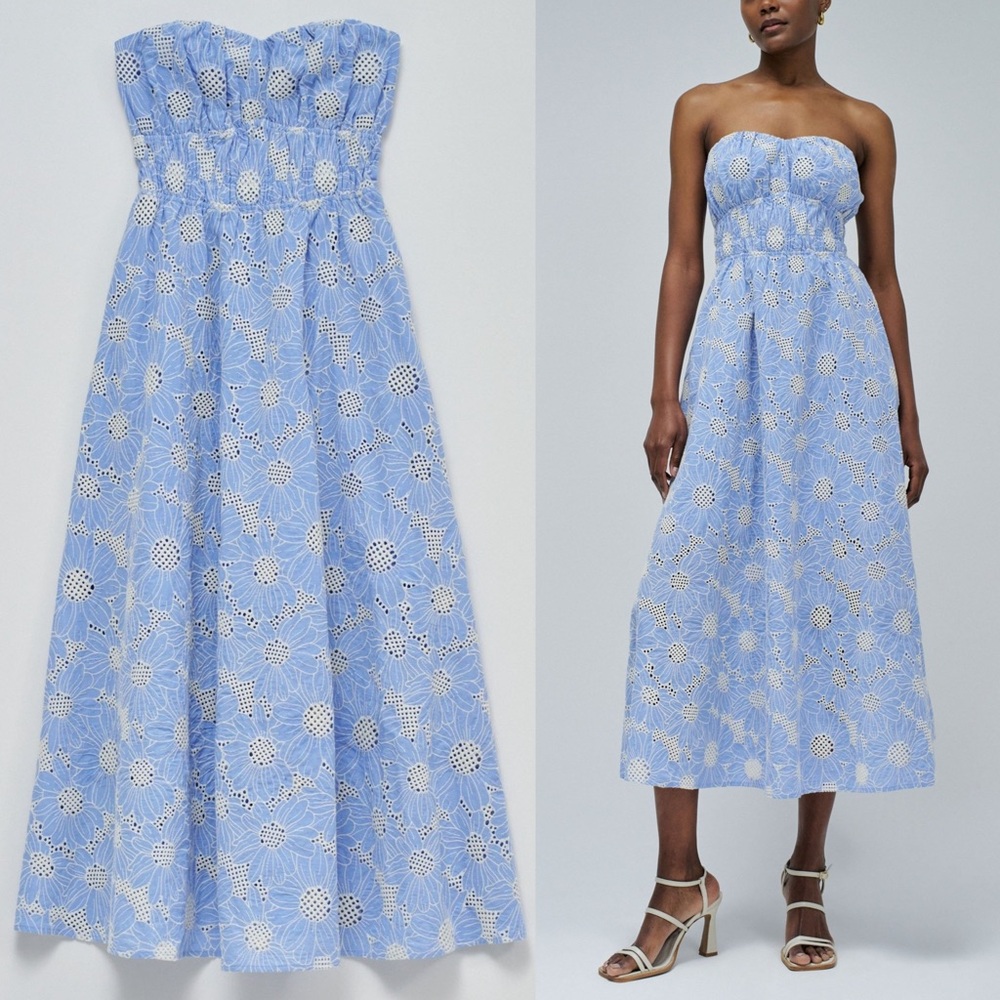 Strapless Blue Floral Eyelet Midi Dress